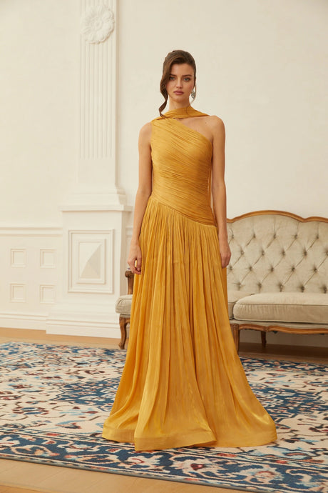 Zaylee Maxi Dress Gold One Shoulder Ruched