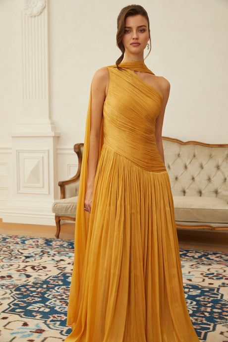 Dakota Maxi Dress Gold One Shoulder Ruched
