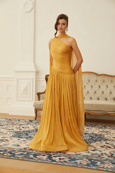 Dakota Maxi Dress Gold One Shoulder Ruched