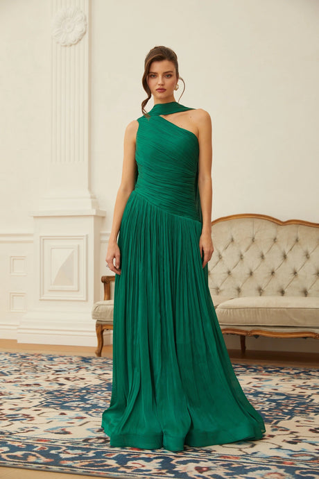 Sabrina Maxi Dress Green One Shoulder Ruched