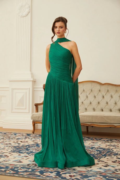 Sabrina Maxi Dress Green One Shoulder Ruched