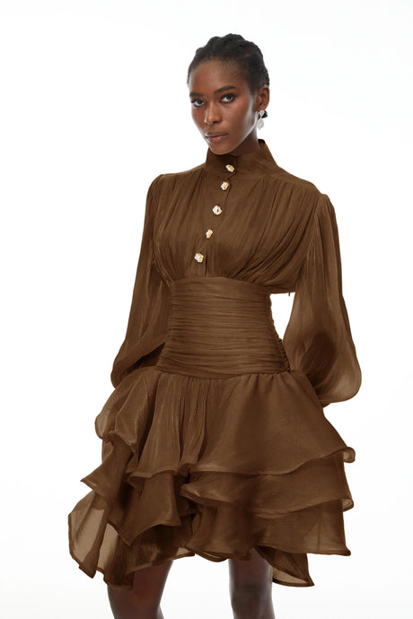 Jazlyn Mini Dress Brown High-Neck Ruffled Detail