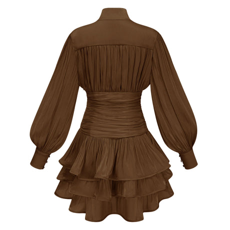 Jazlyn Mini Dress Brown High-Neck Ruffled Detail
