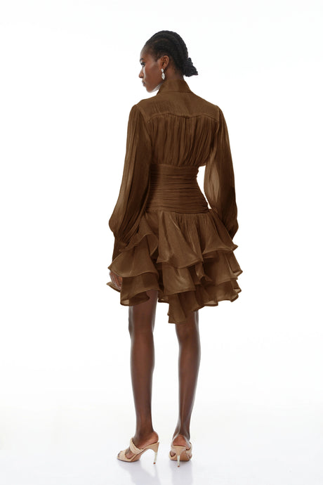 Jazlyn Mini Dress Brown High-Neck Ruffled Detail