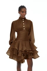 Emersyn Brown HighNeck Ruffled Detail Mini Dress