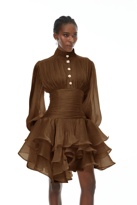 Jazlyn Mini Dress Brown High-Neck Ruffled Detail