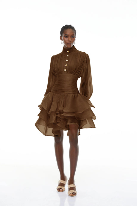 Jazlyn Mini Dress Brown High-Neck Ruffled Detail