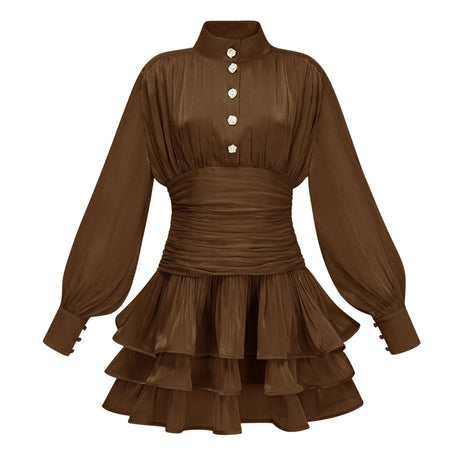 Jazlyn Mini Dress Brown High-Neck Ruffled Detail
