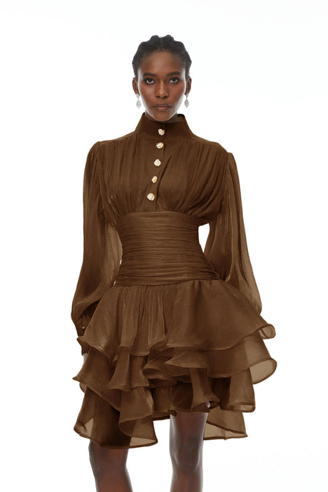 Jazlyn Mini Dress Brown High-Neck Ruffled Detail