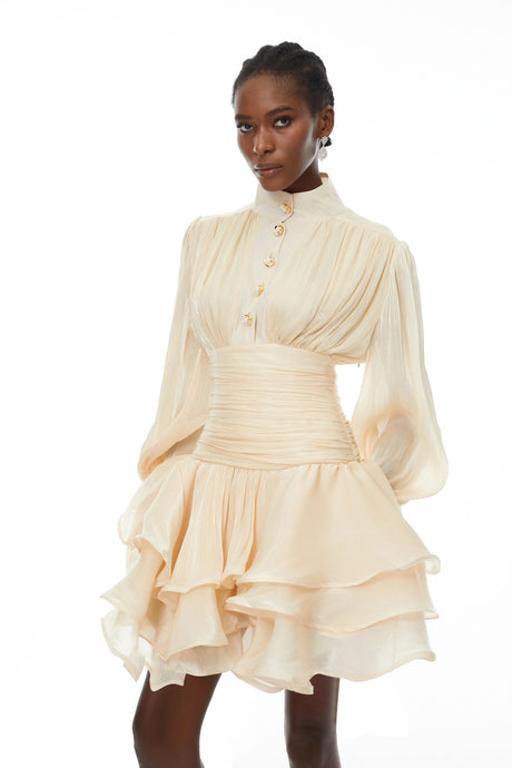 Maisie Mini Dress Neutrals High-Neck Ruffled Detail