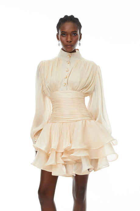 Maisie Mini Dress Neutrals High-Neck Ruffled Detail