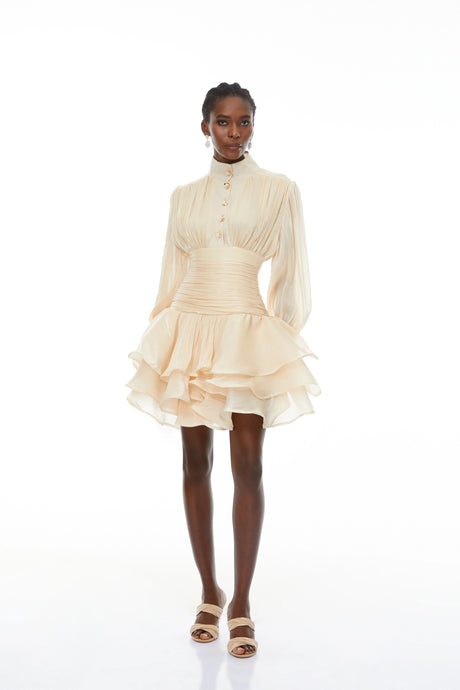 Maisie Mini Dress Neutrals High-Neck Ruffled Detail