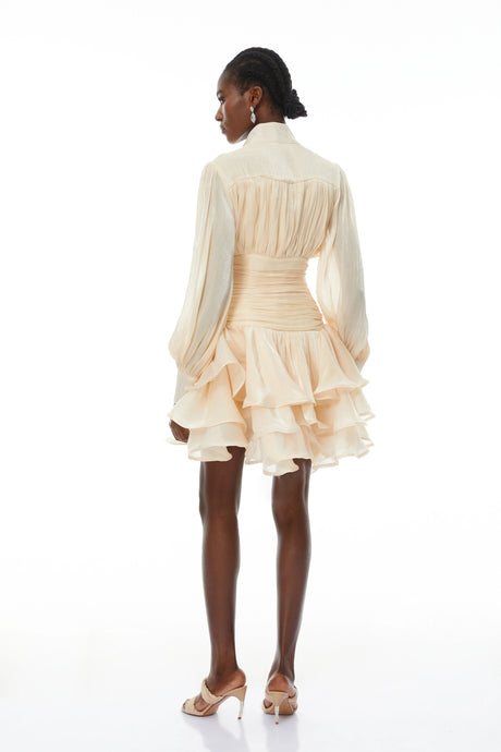 Maisie Mini Dress Neutrals High-Neck Ruffled Detail