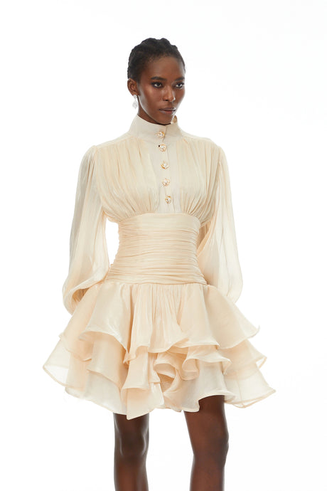 Maisie Mini Dress Neutrals High-Neck Ruffled Detail