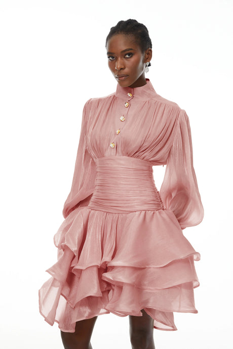 Emanuela Mini Dress Pink High-Neck Ruffled Detail