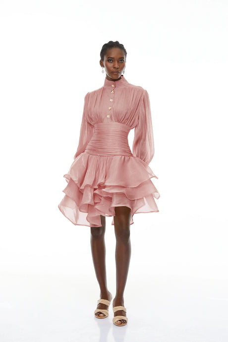 Emanuela Mini Dress Pink High-Neck Ruffled Detail