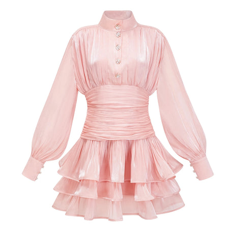 Emanuela Mini Dress Pink High-Neck Ruffled Detail