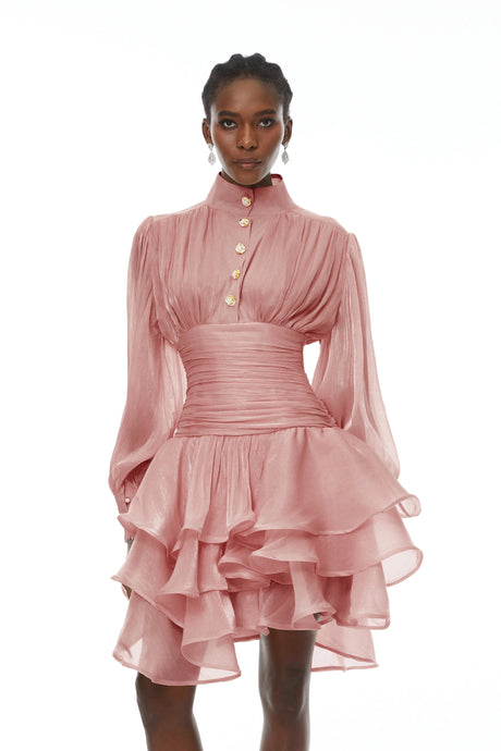 Emanuela Mini Dress Pink High-Neck Ruffled Detail