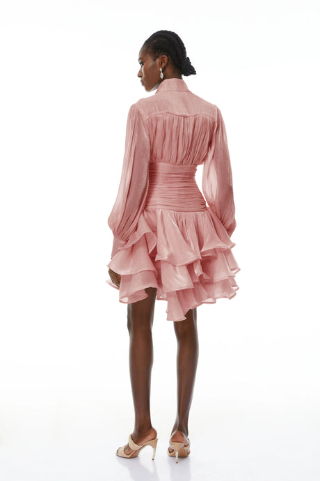 Emanuela Mini Dress Pink High-Neck Ruffled Detail