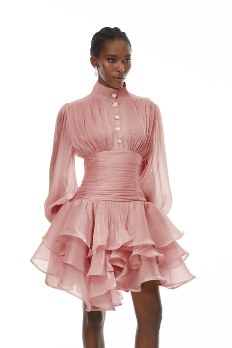 Emanuela Mini Dress Pink High-Neck Ruffled Detail