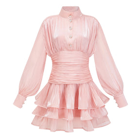 Emersyn Pink HighNeck Ruffled Detail Mini Dress