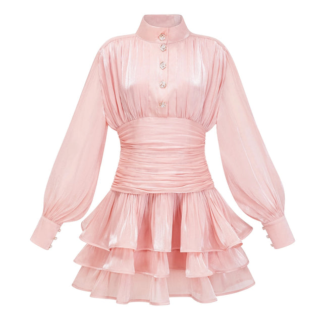 Emersyn Pink HighNeck Ruffled Detail Mini Dress