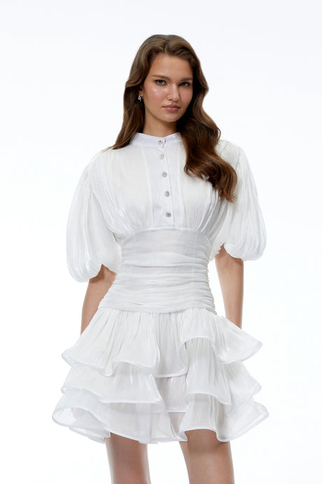 Marina Mini Dress White High-Neck Ruffled Detail
