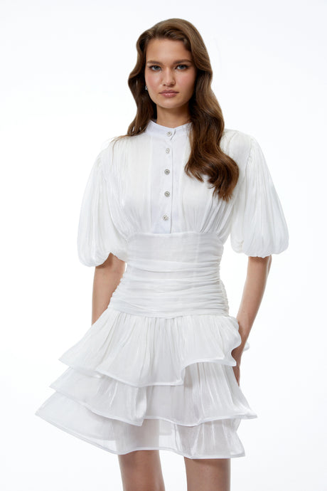 Marina Mini Dress White High-Neck Ruffled Detail