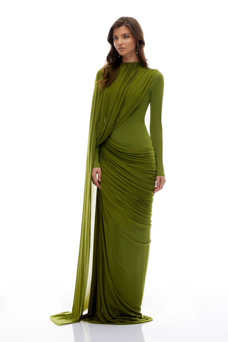 Adelaide Maxi Dress Green Asymmetrical Ribbon Draped
