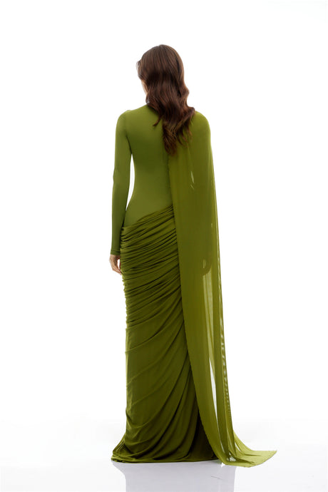 Adelaide Maxi Dress Green Asymmetrical Ribbon Draped
