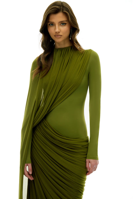 Adelaide Maxi Dress Green Asymmetrical Ribbon Draped