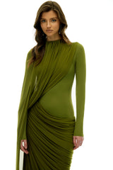 Emilia Green Asymmetrical Ribbon Draped Maxi Dress