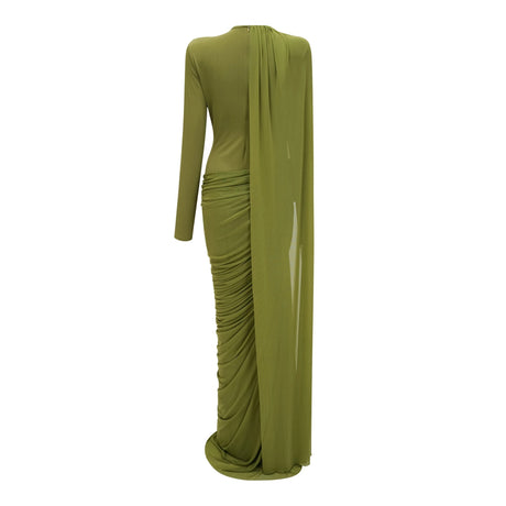 Adelaide Maxi Dress Green Asymmetrical Ribbon Draped