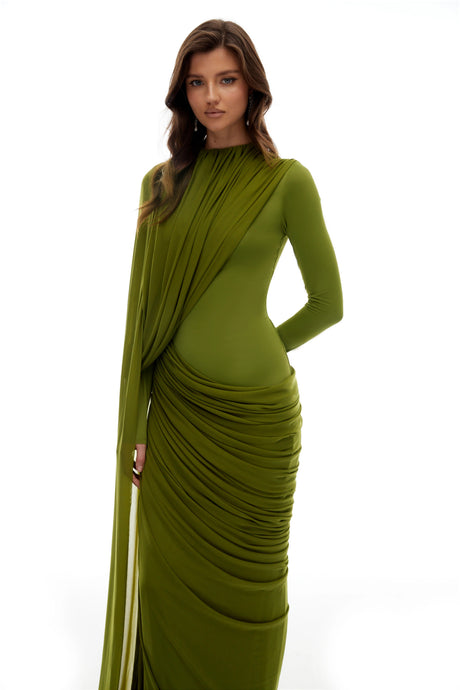 Adelaide Maxi Dress Green Asymmetrical Ribbon Draped