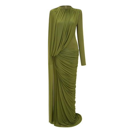Adelaide Maxi Dress Green Asymmetrical Ribbon Draped