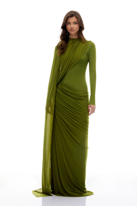 Adelaide Maxi Dress Green Asymmetrical Ribbon Draped