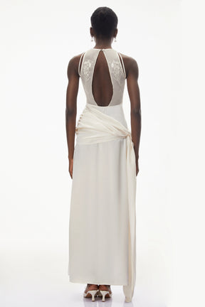 Emilia Ivory Satin Maxi Dress with Bow Detail