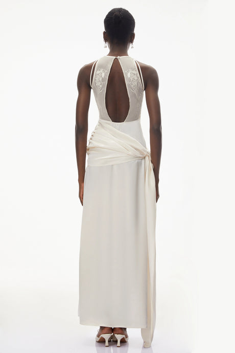 Cristina Maxi Dress Ivory Satin with Bow Detail
