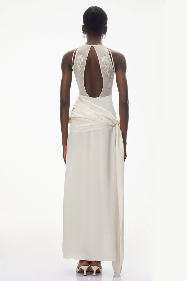 Emilia Ivory Satin Maxi Dress with Bow Detail