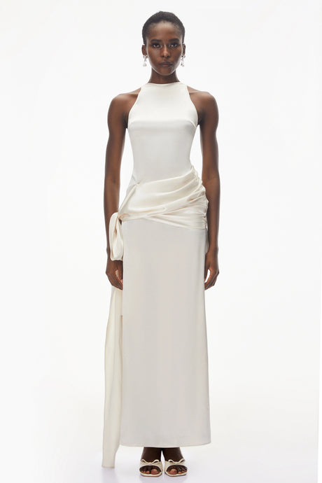 Cristina Maxi Dress Ivory Satin with Bow Detail