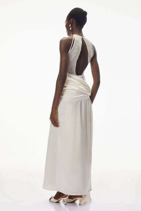 Cristina Maxi Dress Ivory Satin with Bow Detail