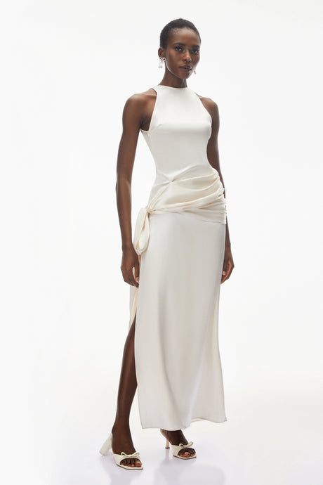 Cristina Maxi Dress Ivory Satin with Bow Detail