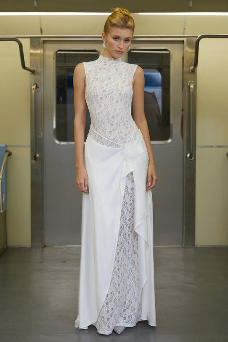 Madisyn Maxi Dress White Asymmetrical Floral Lace
