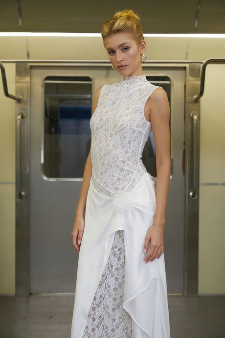 Madisyn Maxi Dress White Asymmetrical Floral Lace