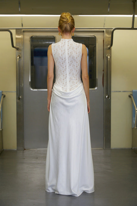 Madisyn Maxi Dress White Asymmetrical Floral Lace