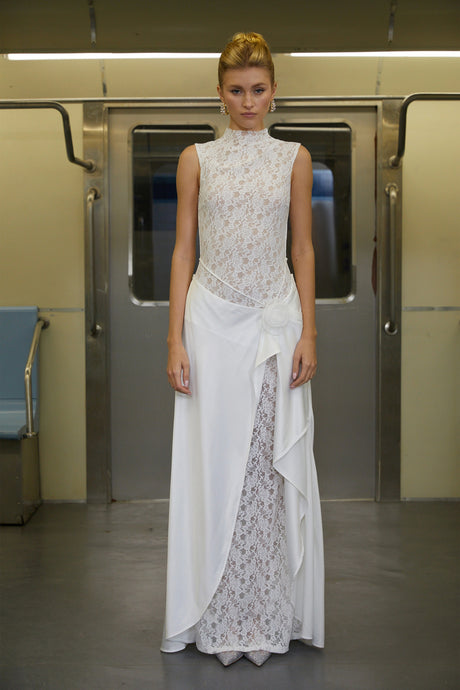 Madisyn Maxi Dress White Asymmetrical Floral Lace