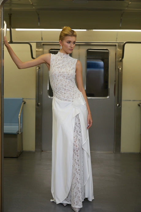 Madisyn Maxi Dress White Asymmetrical Floral Lace