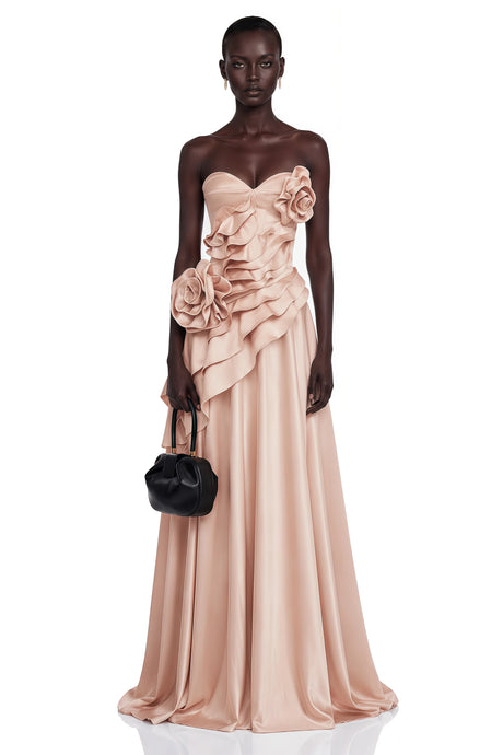 Zelda Maxi Dress Pink Asymmetrical Tiered with 3D Florals