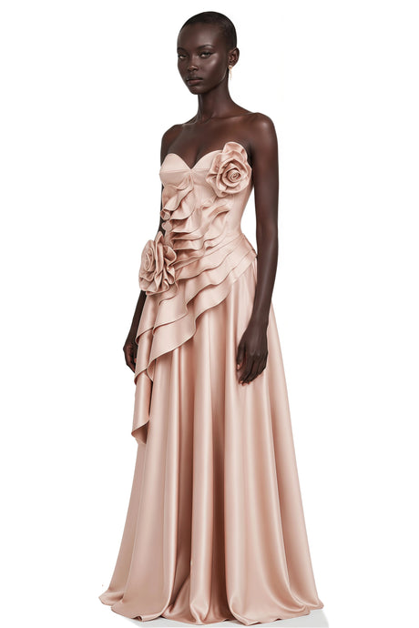 Zelda Maxi Dress Pink Asymmetrical Tiered with 3D Florals