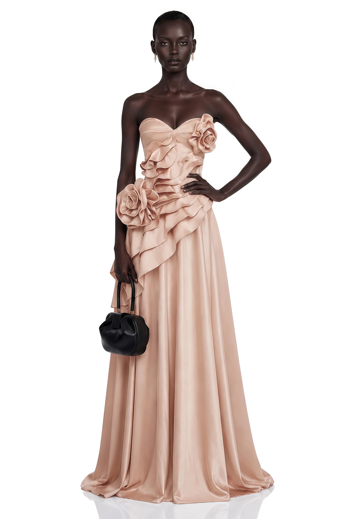 Emine Pink Asymmetrical Tiered Maxi Dress with 3D Florals